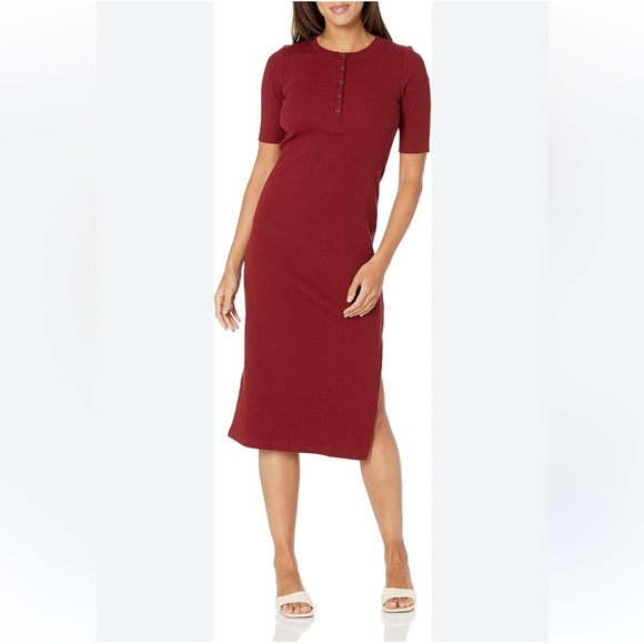 Calvin Klein Jeans Womens Ribbed Burgundy Midi Quarter Length Sleeve Dress Small - Picture 1 of 9